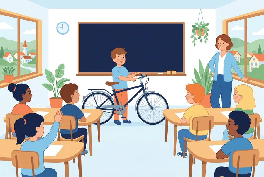 Ein Junge steht im Schulzimmer neben einem Velo und zeigt auf die Bremse, die Klasse schaut neugierig zu.