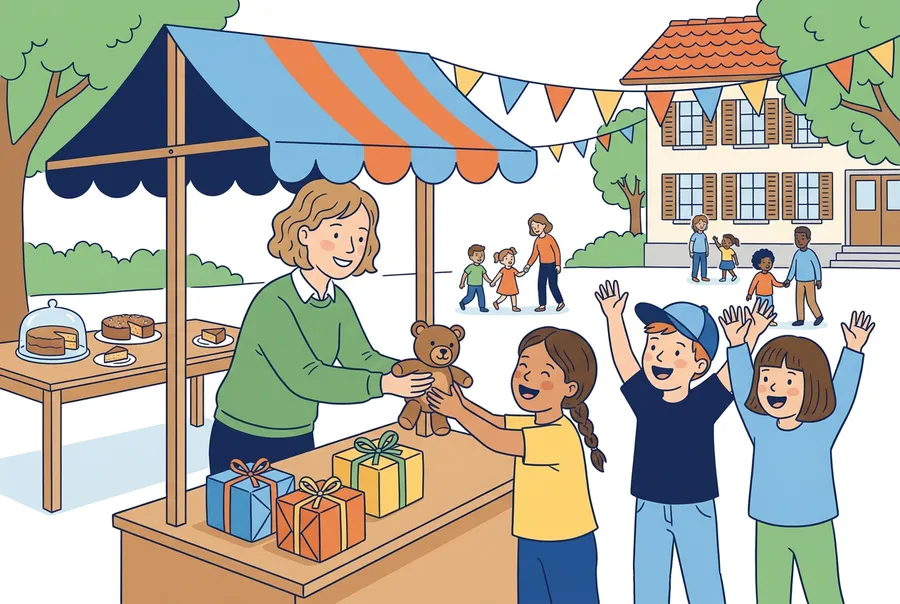 Kinder am Schulfest auf dem Pausenplatz: Ein Mädchen bekommt an einem Spielstand einen Stoffbären als Preis, ihre Freunde jubeln.