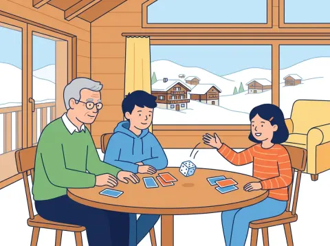 Wahrscheinlichkeit und Baumdiagramm: Zwei Kinder und ihr Grossvater spielen am Stubentisch, ein Kind wirft einen Würfel.