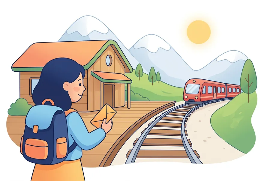 Ein Mädchen mit Rucksack wartet auf dem Perron eines kleinen Bahnhofs in den Bergen, in der Ferne kommt ein roter Zug.