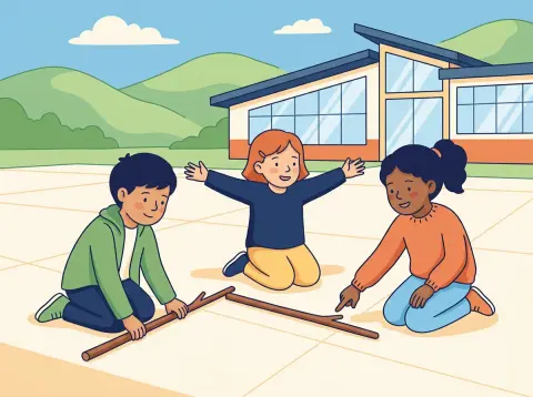 Winkel messen, zeichnen und Winkelarten: Drei Kinder legen auf dem Pausenplatz zwei lange Holzstäbe so hin, dass sie sich in einem Punkt treffen und einen Winkel bilden.