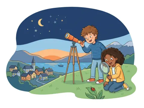 Wissenschaftliche Schreibweise und Zehnerpotenzen: Zwei Jugendliche am Abend auf einem Hügel über einem Schweizer See: Eines schaut durchs Teleskop, das andere mit der Lupe auf einen Marienkäfer.