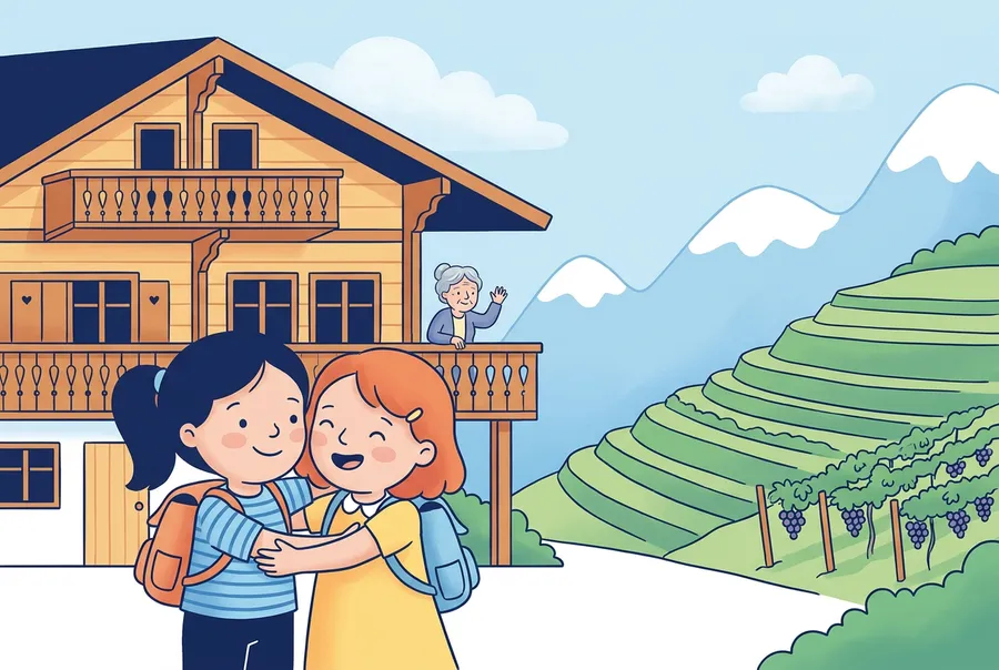 Zwei Mädchen umarmen sich vor einem Holzchalet in einem Bergdorf im Wallis, rundherum Weinberge und hohe Berge.