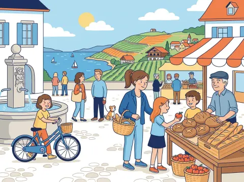Wochentage auf Französisch: Kinder und eine Mutter kaufen an einem sonnigen Samstagmorgen auf einem Markt in einer Altstadt am Genfersee Brot und Äpfel ein.