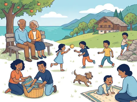 Wortstamm, Wortfamilien und Morpheme: Eine grosse Familie mit Grosseltern, Eltern und Kindern macht ein Picknick auf einer Wiese über einem Schweizer See.