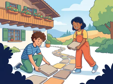Quadratwurzel und Wurzeln: Zwei Jugendliche legen im Garten quadratische Steinplatten in verschiedenen Grössen zu einem Weg aus.