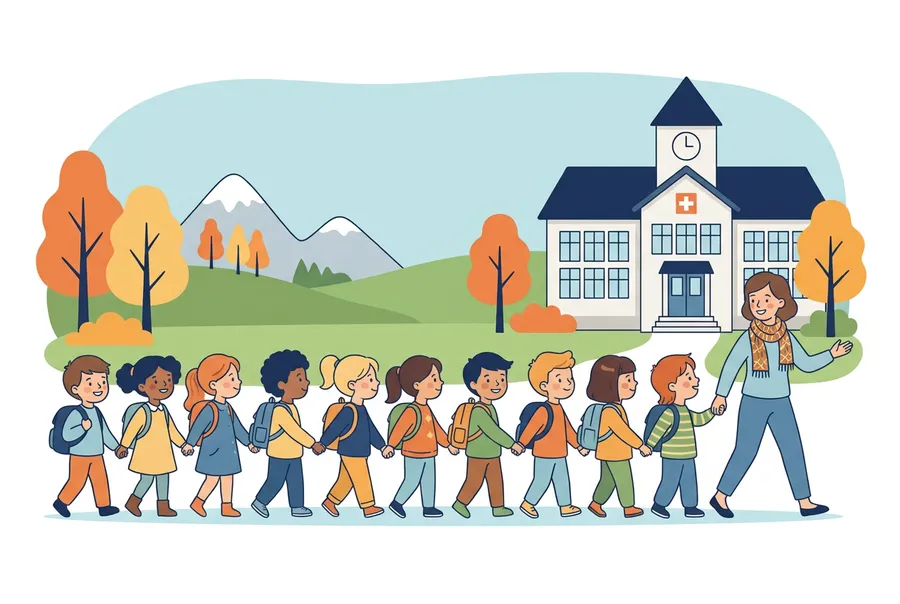 Eine Schulklasse mit kleinen Rucksäcken geht vor dem Schulhaus in einer Reihe hintereinander, vorne führt die Lehrerin.