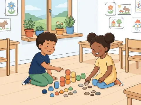 Zählen und Zahlen bis 20: Zwei Kinder sitzen im Schulzimmer am Boden und zählen bunte Holzklötze und Steine, die in Reihen vor ihnen liegen.