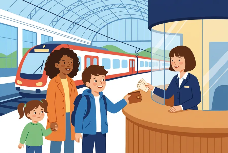 Ein Junge kauft mit seiner Mutter und seiner kleinen Schwester an einem Bahnschalter Billette, hinter ihnen steht ein Zug am Perron.