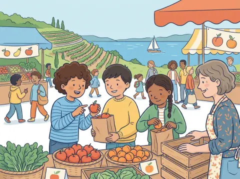 Zahlen auf Französisch: Kinder zählen an einem Marktstand am Genfersee Äpfel und Aprikosen in Papiertüten, im Hintergrund Rebberge und ein Segelboot.