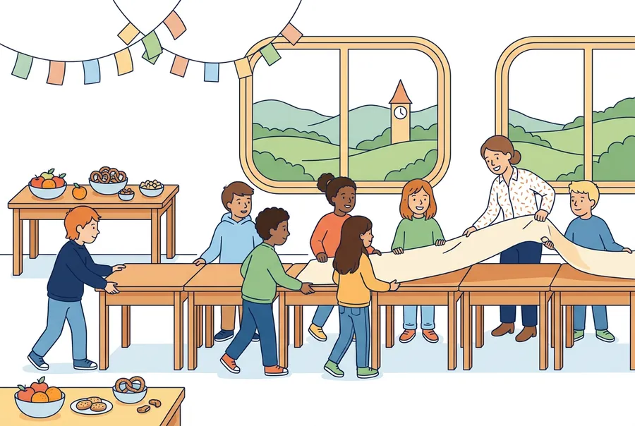 Kinder schieben im Schulzimmer kleine Tische zu einer langen Reihe zusammen und decken sie für ein Fest.