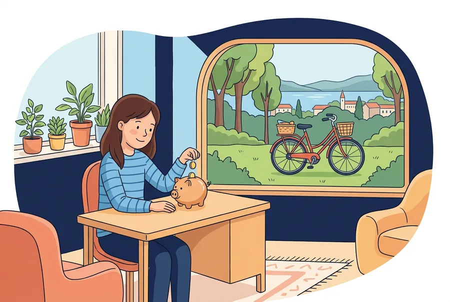 Ein Mädchen wirft im Kinderzimmer Münzen in ein Sparschwein, draussen im Garten steht ein rotes Velo.