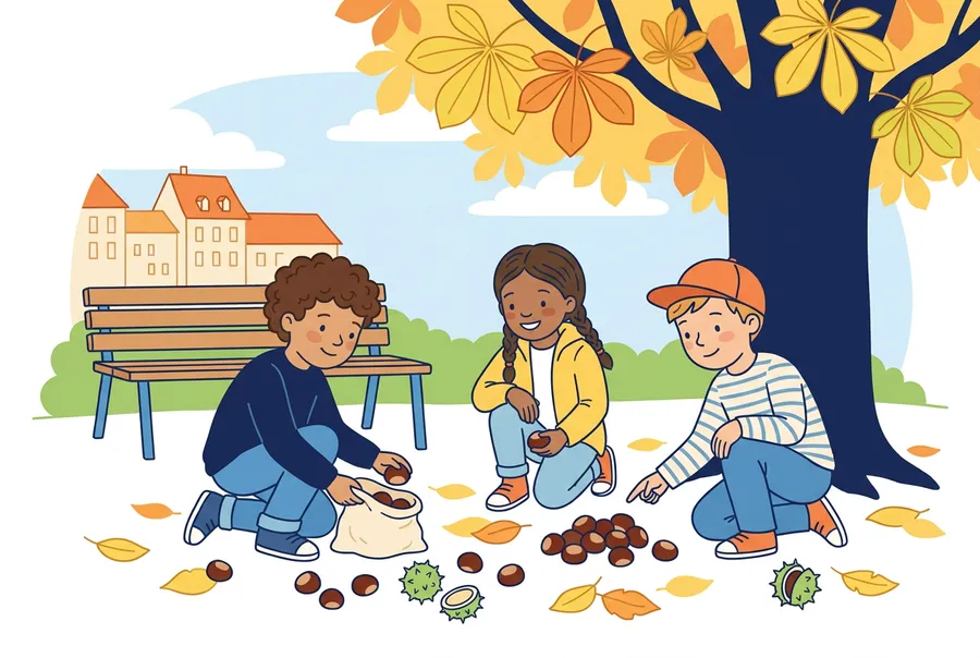 Zwei Buben und ein Mädchen sammeln im Herbst unter einem grossen Kastanienbaum Kastanien in kleine Stoffsäcke.