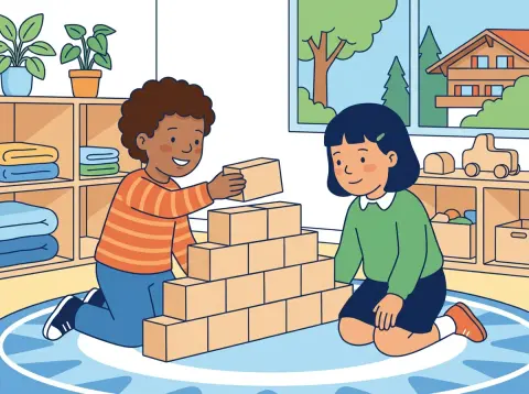 Zahlenmauern und Rechendreiecke: Zwei Kinder bauen im Schulzimmer auf dem Teppich eine kleine Mauer aus grossen Holzklötzen.