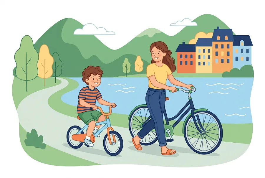 Ein Bub fährt auf einem kleinen Velo einen Weg am See entlang, seine ältere Schwester stösst ihr Velo neben ihm her.