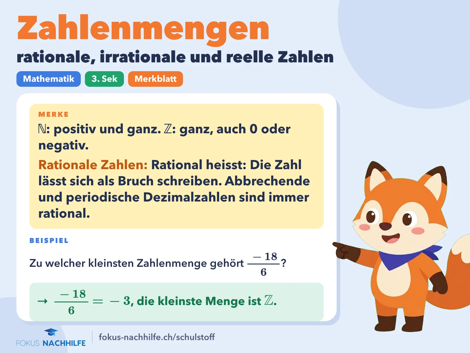 Zahlenmengen: rationale, irrationale und reelle Zahlen: Merkblatt mit Regel und Beispiel. ℕ: positiv und ganz. ℤ: ganz, auch 0 oder negativ. Rational heisst: Die Zahl lässt sich als Bruch schreiben. Abbrechende und periodische Dezimalzahlen sind immer rational.