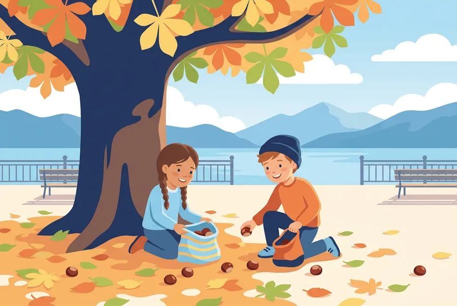 Zwei Kinder sammeln im Herbst unter einem grossen Baum Kastanien und legen sie in kleine Stoffsäcke.
