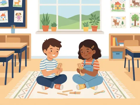 Zahlen bis 100: Zehner und Einer: Zwei Kinder sitzen auf dem Teppich im Schulzimmer und binden Holzstäbchen zu Bündeln zusammen.