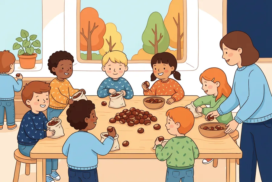 Kinder sortieren in einem Schulzimmer Kastanien in kleine Säcke und Schälchen.
