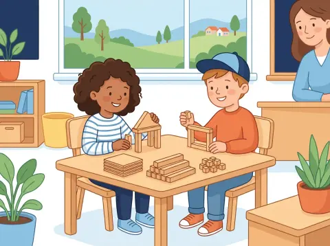 Zahlen bis 1000 und Stellenwerte: Zwei Kinder bauen am Tisch mit flachen Platten, Stäben und kleinen Würfeln aus Holz.