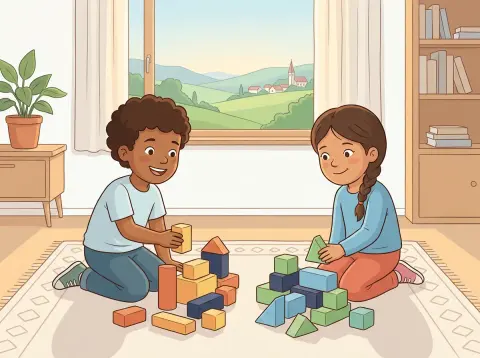 Zehnerübergang: Zwei Kinder sortieren auf dem Teppich bunte Holzklötze in zwei Häufchen.