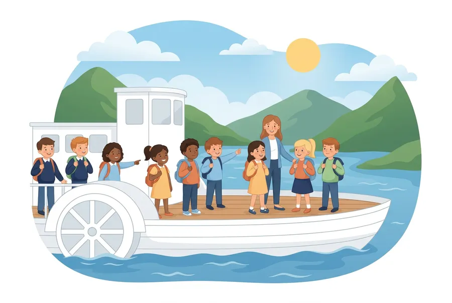 Eine Schulklasse steht an Deck eines weissen Raddampfers auf dem Vierwaldstättersee, im Hintergrund Berge.