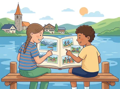 Zeitformen: Präsens, Präteritum, Perfekt: Ein Mädchen und ein Junge sitzen auf einer Bank am See und schauen zusammen alte Ferienfotos in einem Album an.