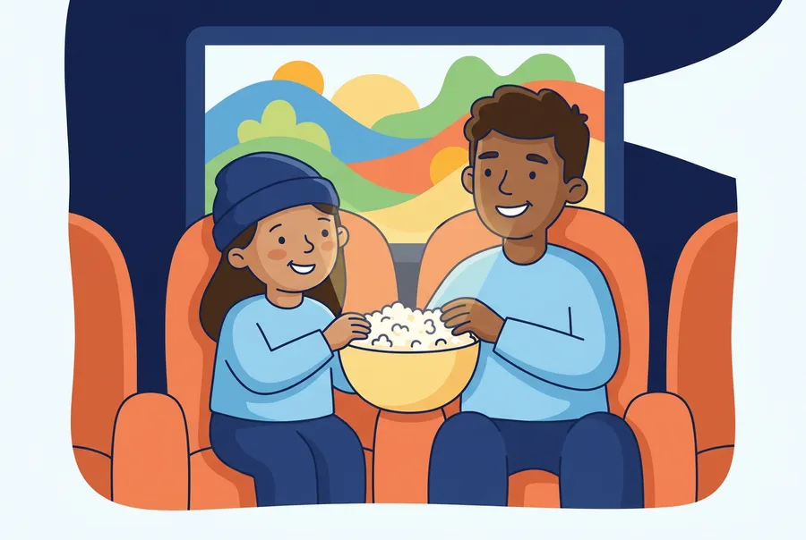 Ein Mädchen und ihr älterer Bruder sitzen mit einer Schale Popcorn in orangen Kinosesseln.