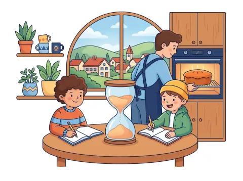 Zeitdauer und Zeitspannen berechnen: Zwei Kinder machen am Küchentisch Hausaufgaben, zwischen ihnen steht eine Sanduhr, ein Vater holt einen Kuchen aus dem Ofen.