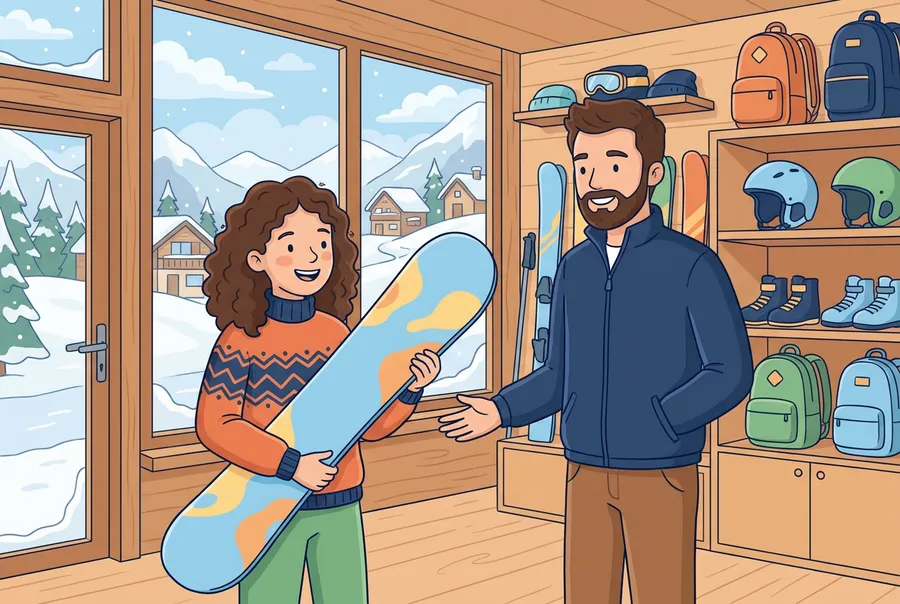 Ein Mädchen hält in einem Sportgeschäft in einem verschneiten Bergdorf ein Snowboard hoch.