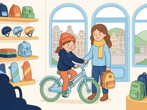 Zins, Rabatt, Brutto und Netto: Ein Mädchen und seine Mutter schauen sich in einem hellen Sportgeschäft ein Velo an.