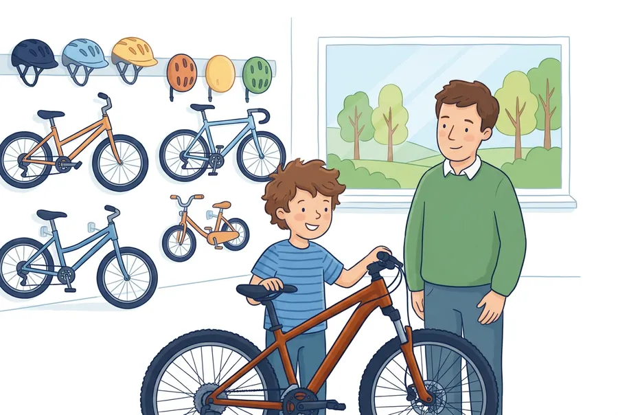 Ein Junge und sein Vater schauen sich in einem Veloladen ein neues Mountainbike an.