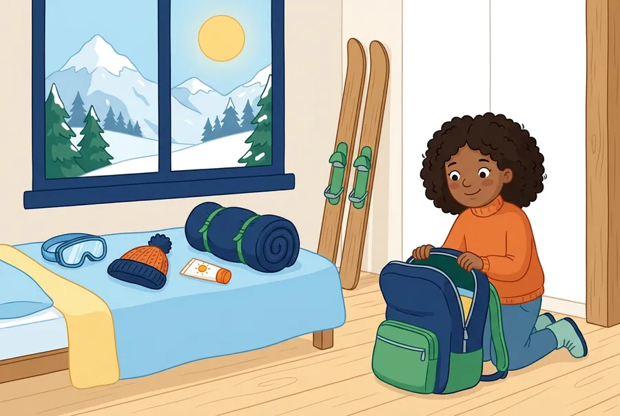 Ein Mädchen packt in einem Holzzimmer einen Rucksack, auf dem Bett liegen eine Skibrille, eine Wollmütze und ein Schlafsack, draussen verschneite Berge.
