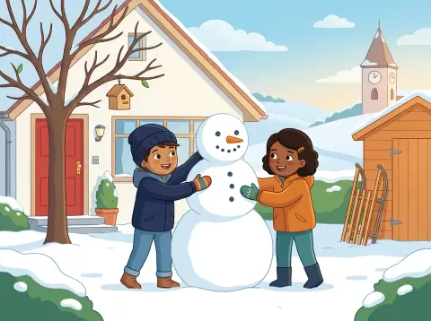 Zusammengesetzte Nomen: Zwei Kinder bauen im Winter einen Schneemann vor einem Haus mit roter Haustür, daneben ein Apfelbaum mit Vogelhaus und ein Schlitten.