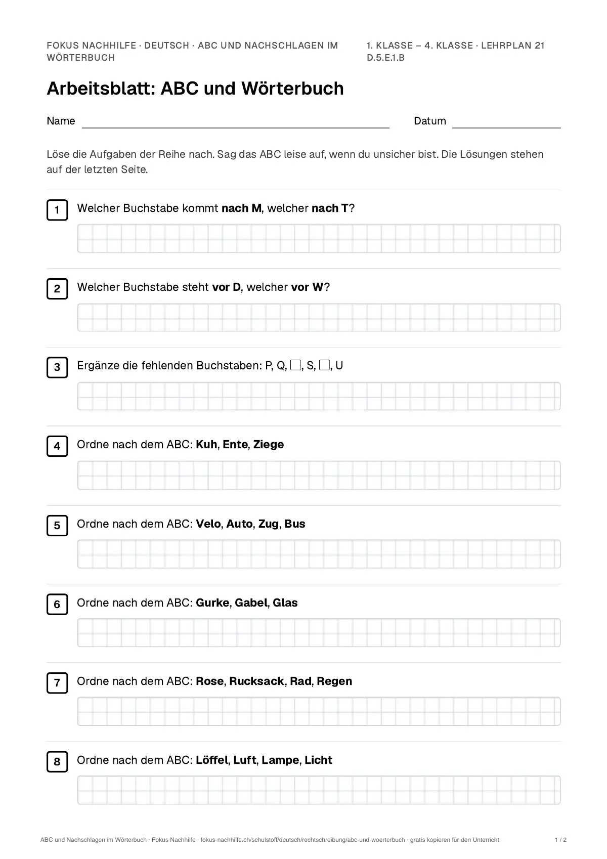 Arbeitsblatt ABC und Nachschlagen im Wörterbuch zum Ausfüllen mit Name und Datum: erste Seite, mit Lösungsblatt