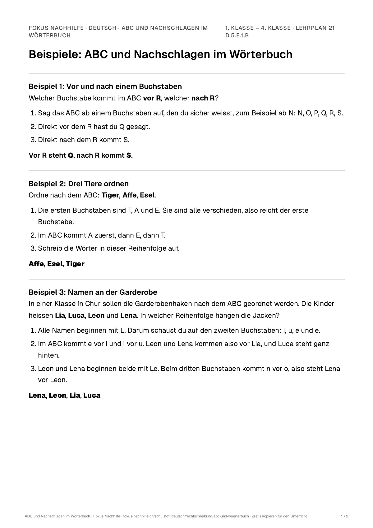 Beispiele ABC und Nachschlagen im Wörterbuch zum Ausdrucken: erste Seite, Aufgaben Schritt für Schritt gelöst