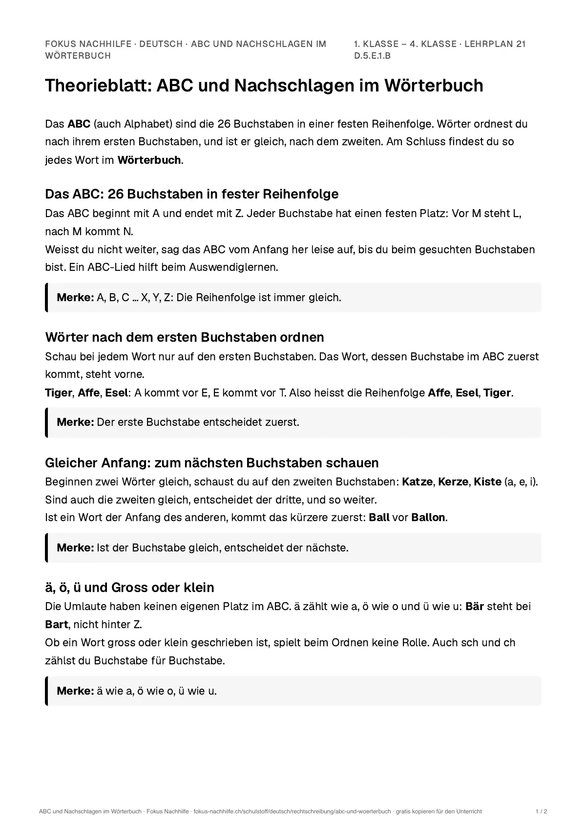 Theorieblatt ABC und Nachschlagen im Wörterbuch zum Ausdrucken: erste Seite der Erklärung