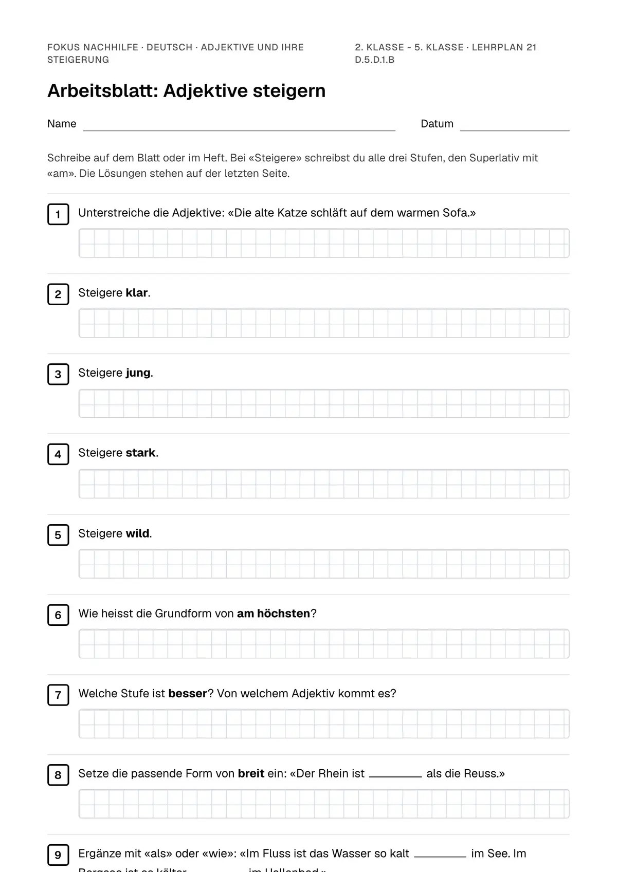 Arbeitsblatt Adjektive und ihre Steigerung zum Ausfüllen mit Name und Datum: erste Seite, mit Lösungsblatt