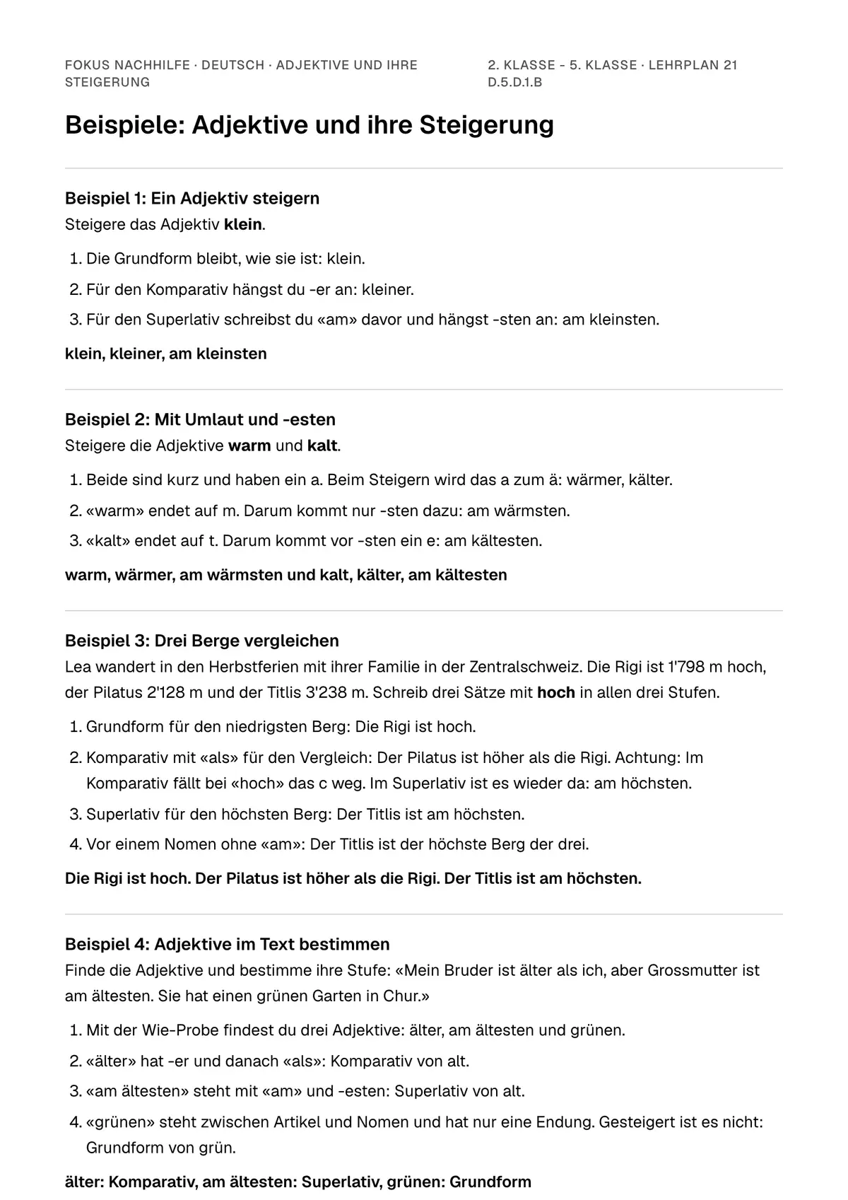 Beispiele Adjektive und ihre Steigerung zum Ausdrucken: erste Seite, Aufgaben Schritt für Schritt gelöst