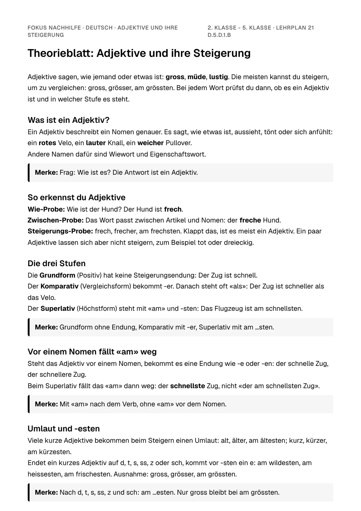 Theorieblatt Adjektive und ihre Steigerung zum Ausdrucken: erste Seite der Erklärung