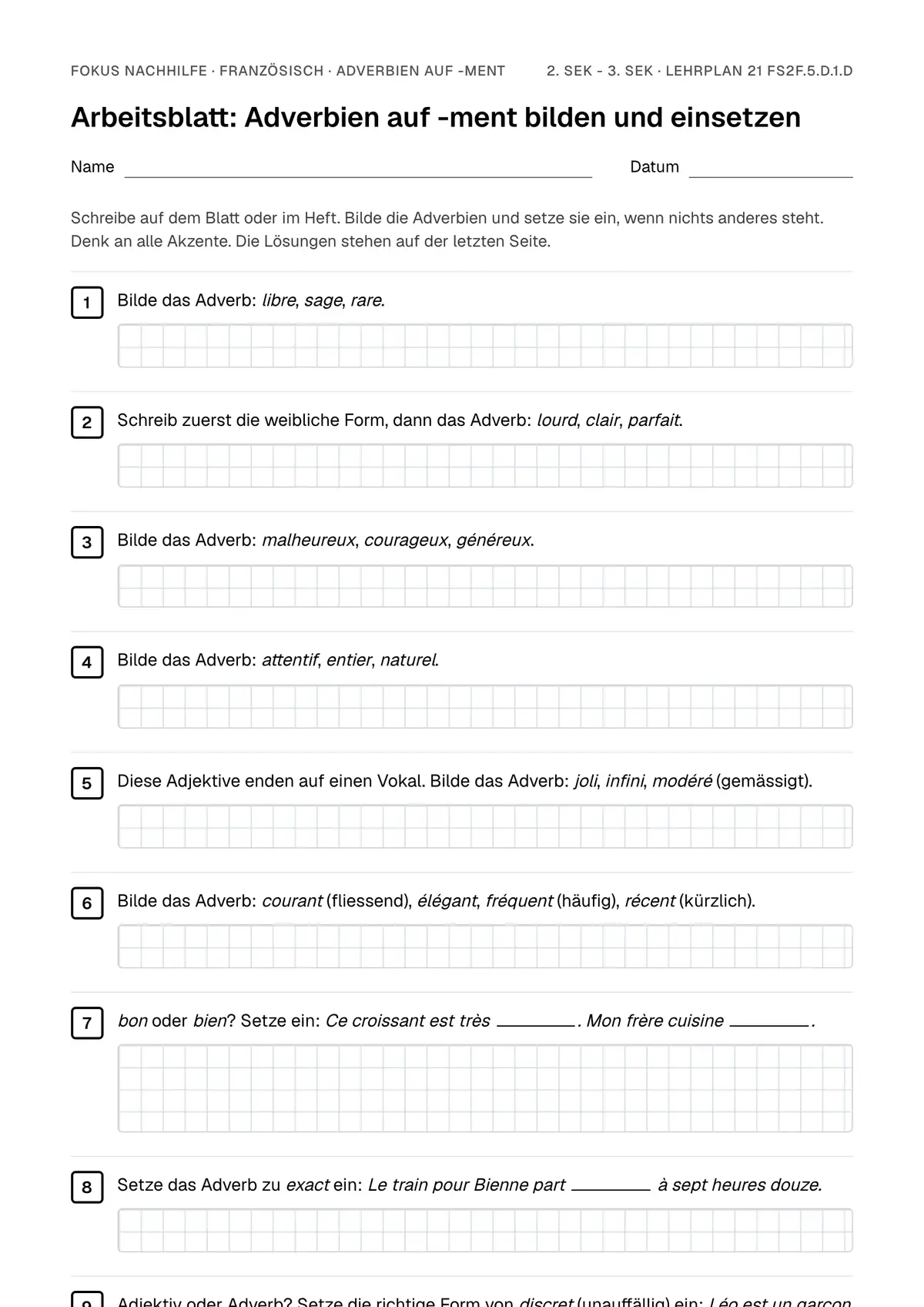 Arbeitsblatt Adverbien auf -ment zum Ausfüllen mit Name und Datum: erste Seite, mit Lösungsblatt