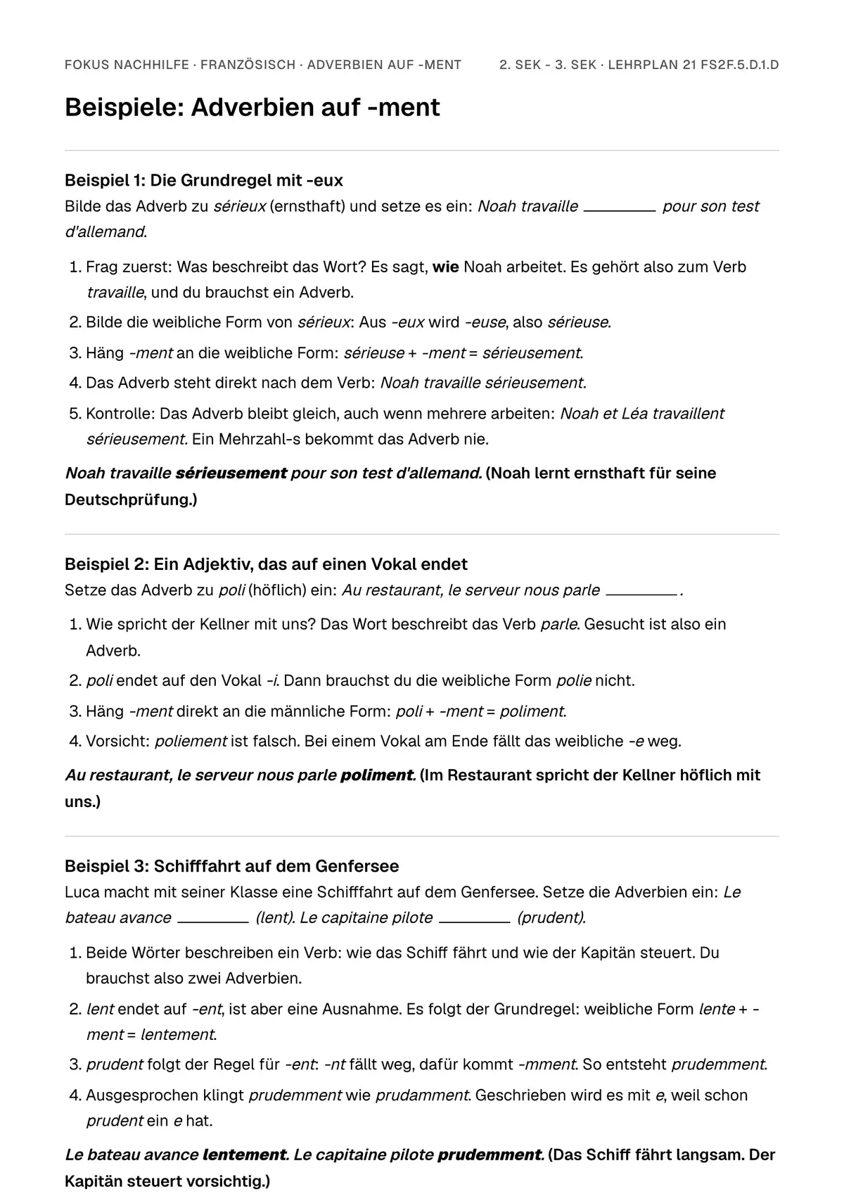 Beispiele Adverbien auf -ment zum Ausdrucken: erste Seite, Aufgaben Schritt für Schritt gelöst