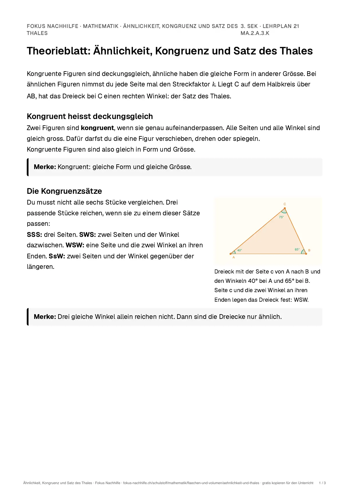 Theorieblatt Ähnlichkeit, Kongruenz und Satz des Thales zum Ausdrucken: erste Seite der Erklärung