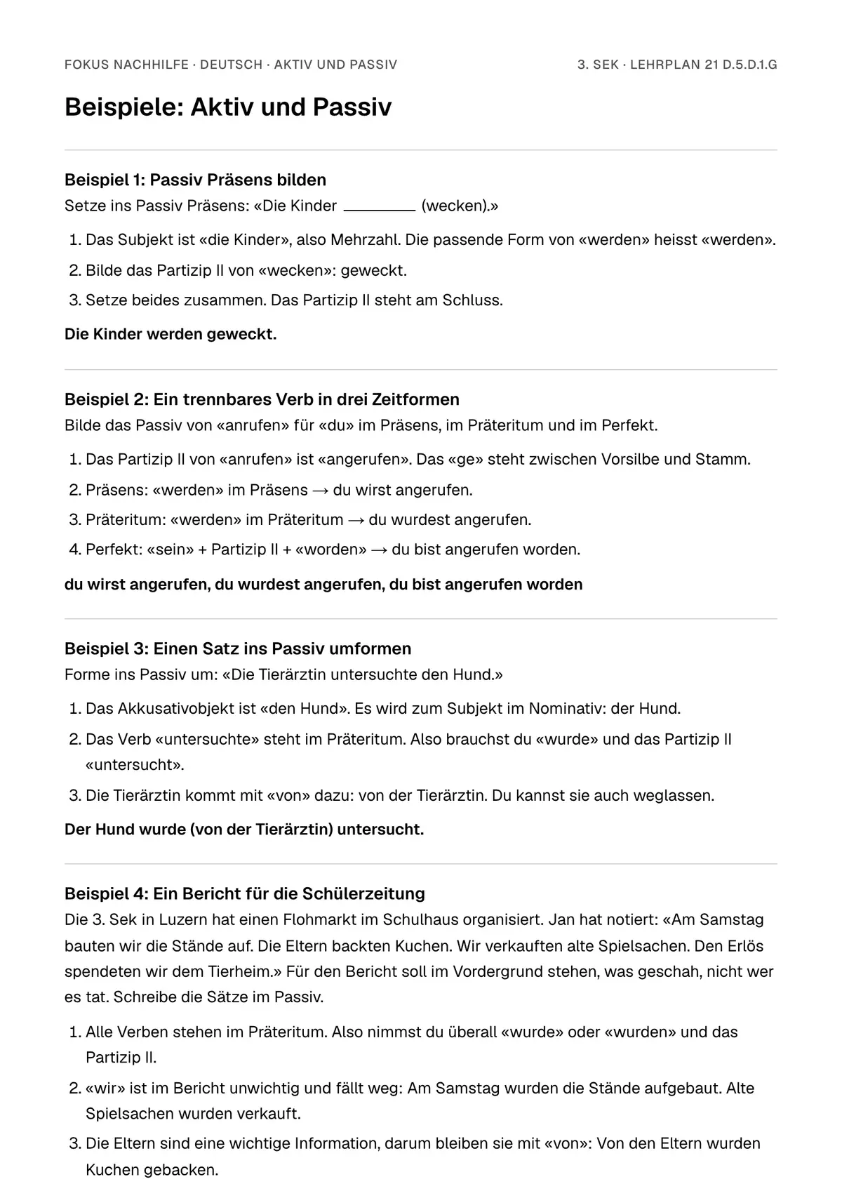 Beispiele Aktiv und Passiv zum Ausdrucken: erste Seite, Aufgaben Schritt für Schritt gelöst