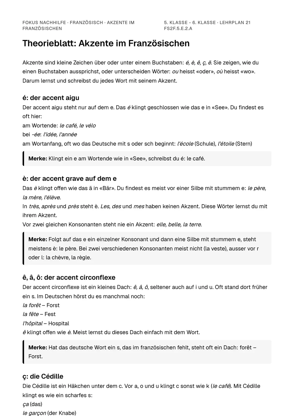 Theorieblatt Akzente im Französischen zum Ausdrucken: erste Seite der Erklärung