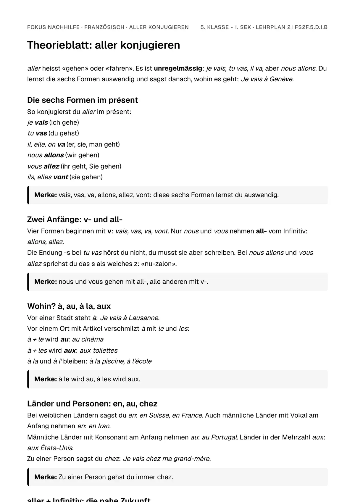 Theorieblatt aller konjugieren zum Ausdrucken: erste Seite der Erklärung