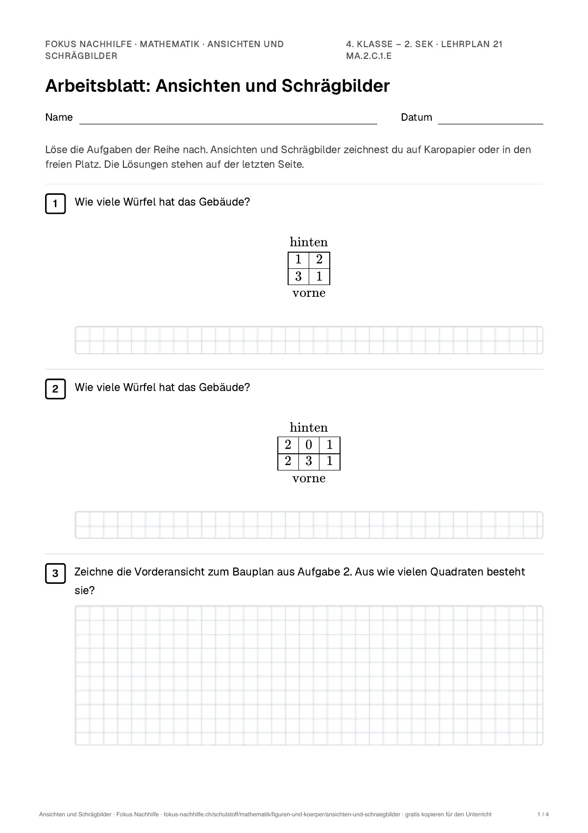 Arbeitsblatt Ansichten und Schrägbilder zum Ausfüllen mit Name und Datum: erste Seite, mit Lösungsblatt