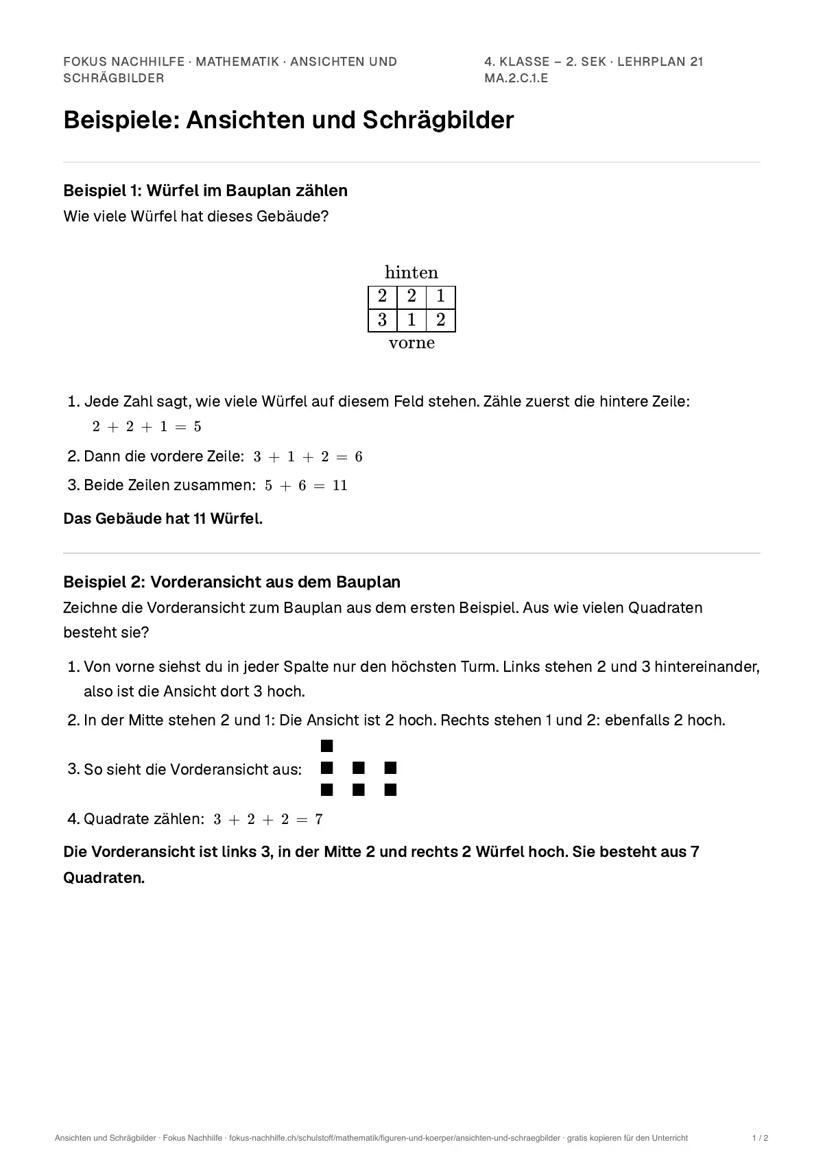 Beispiele Ansichten und Schrägbilder zum Ausdrucken: erste Seite, Aufgaben Schritt für Schritt gelöst