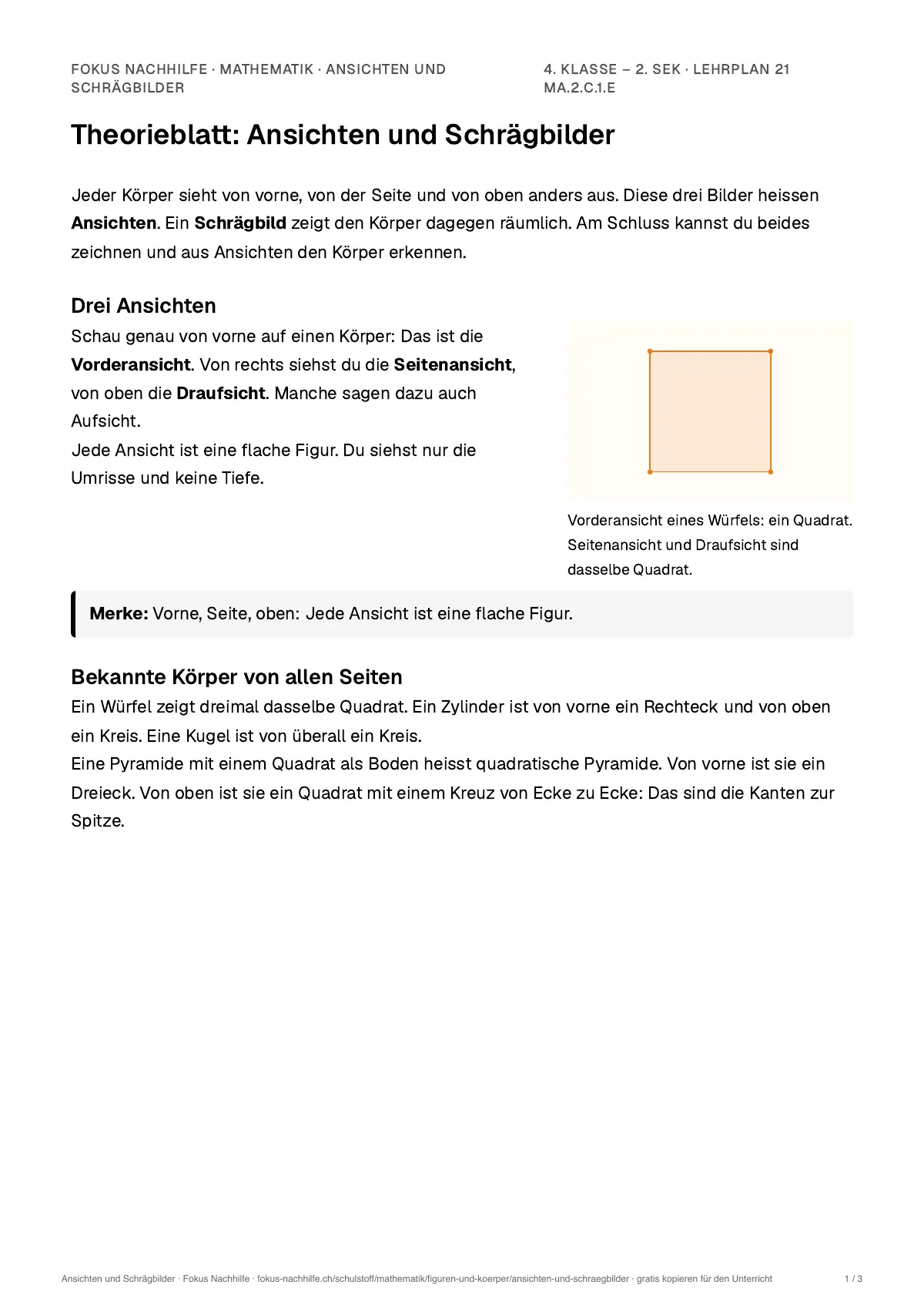 Theorieblatt Ansichten und Schrägbilder zum Ausdrucken: erste Seite der Erklärung