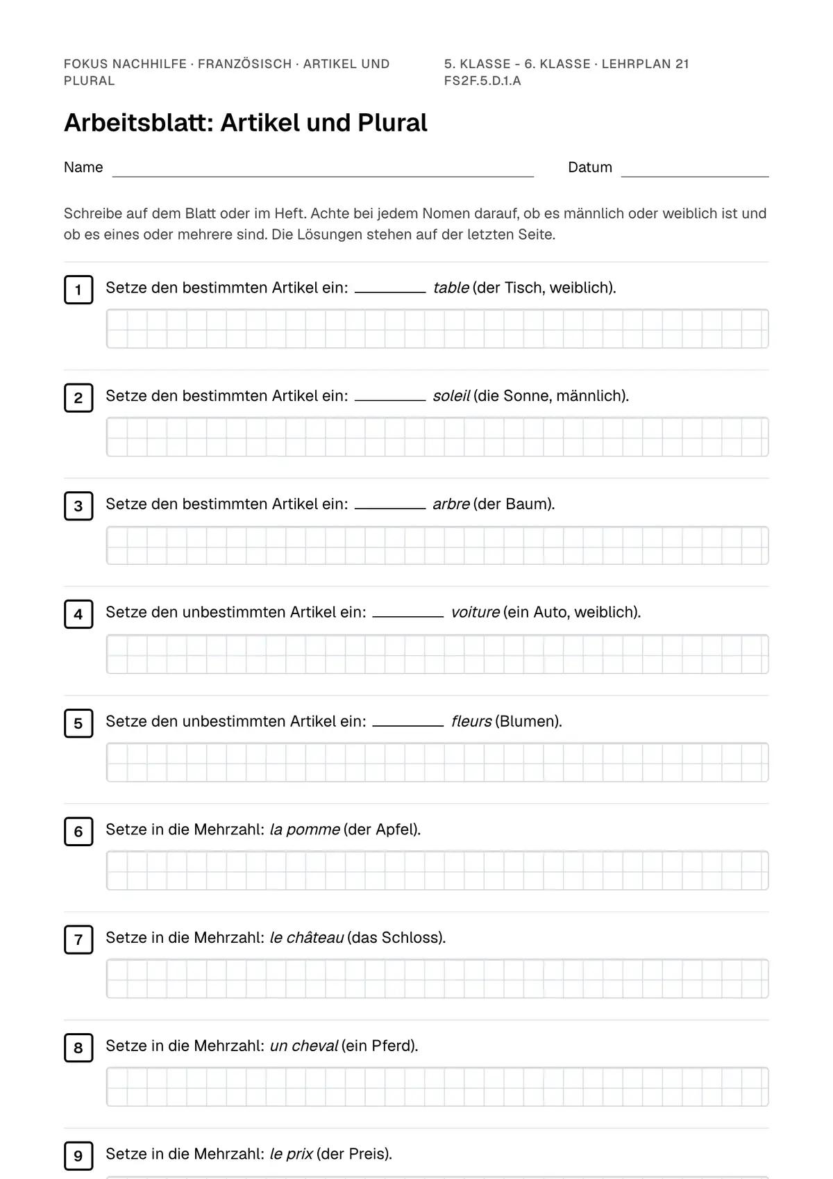 Arbeitsblatt Artikel und Plural zum Ausfüllen mit Name und Datum: erste Seite, mit Lösungsblatt